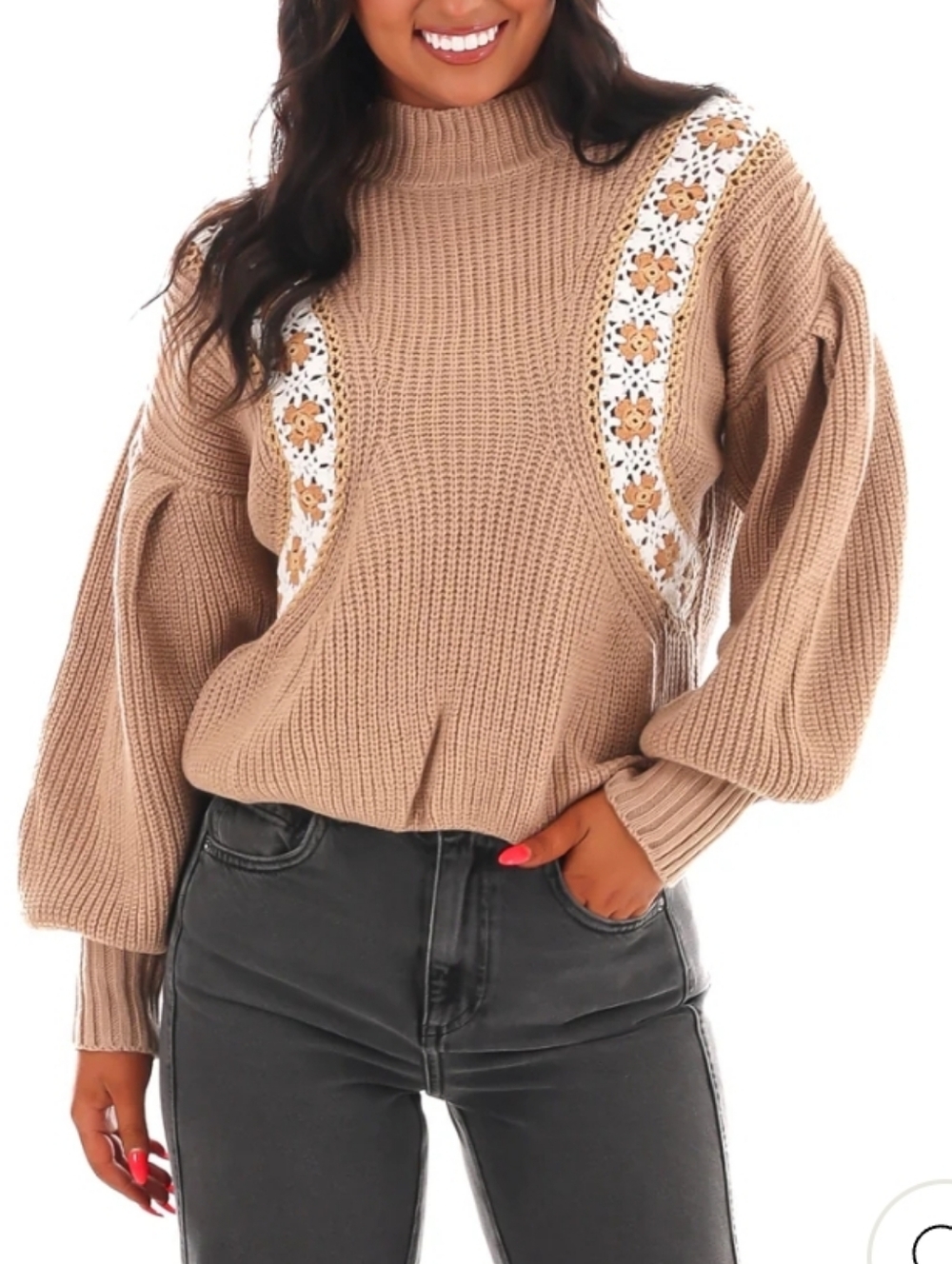 Everyday Chic Boutique Tan Mockneck Sweater Balloon Sleeves Crochet Insets Boho - Picture 2 of 7
